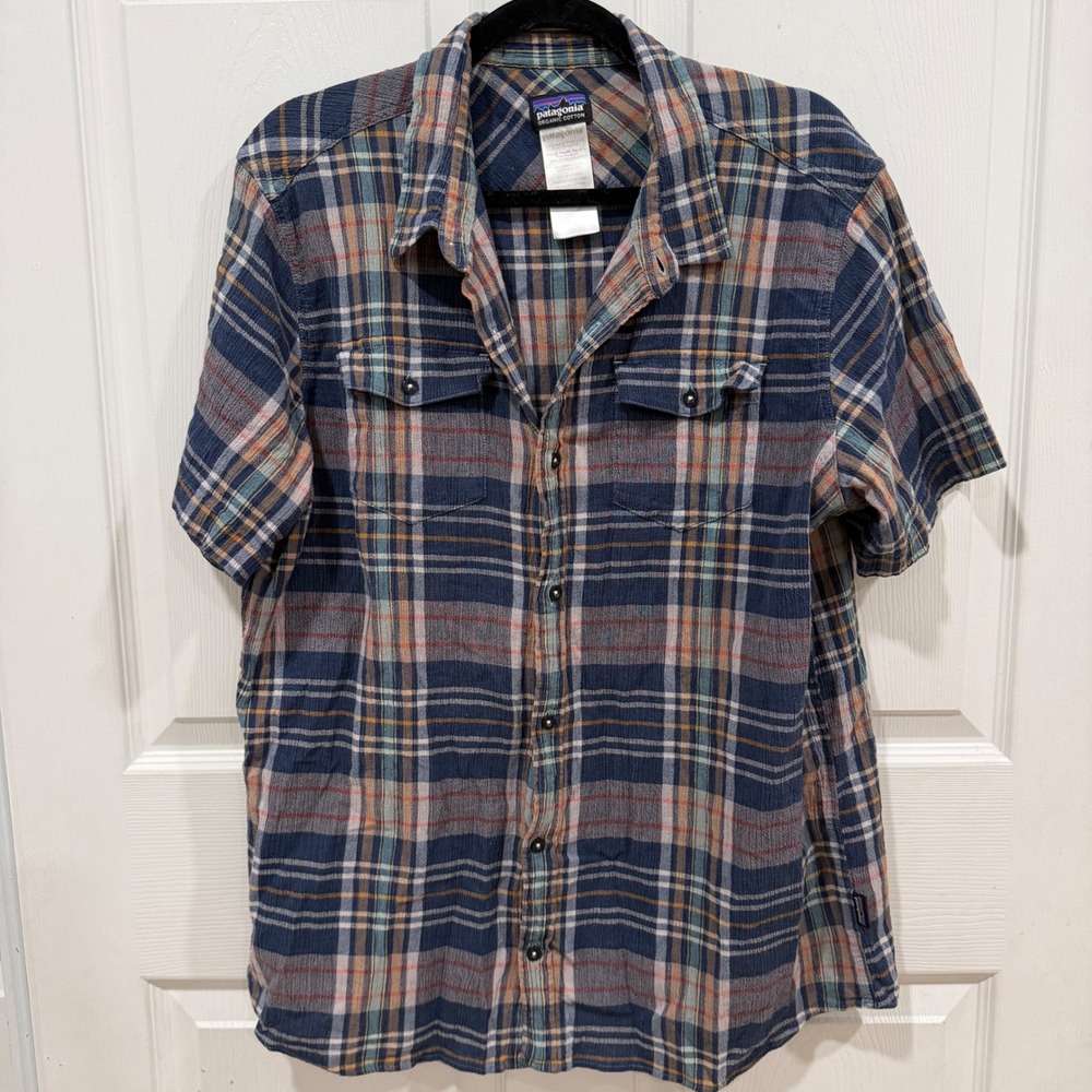 Patagonia Mens XL Organic Cotton Plaid Short Sleeve Button Down Shirt Blue